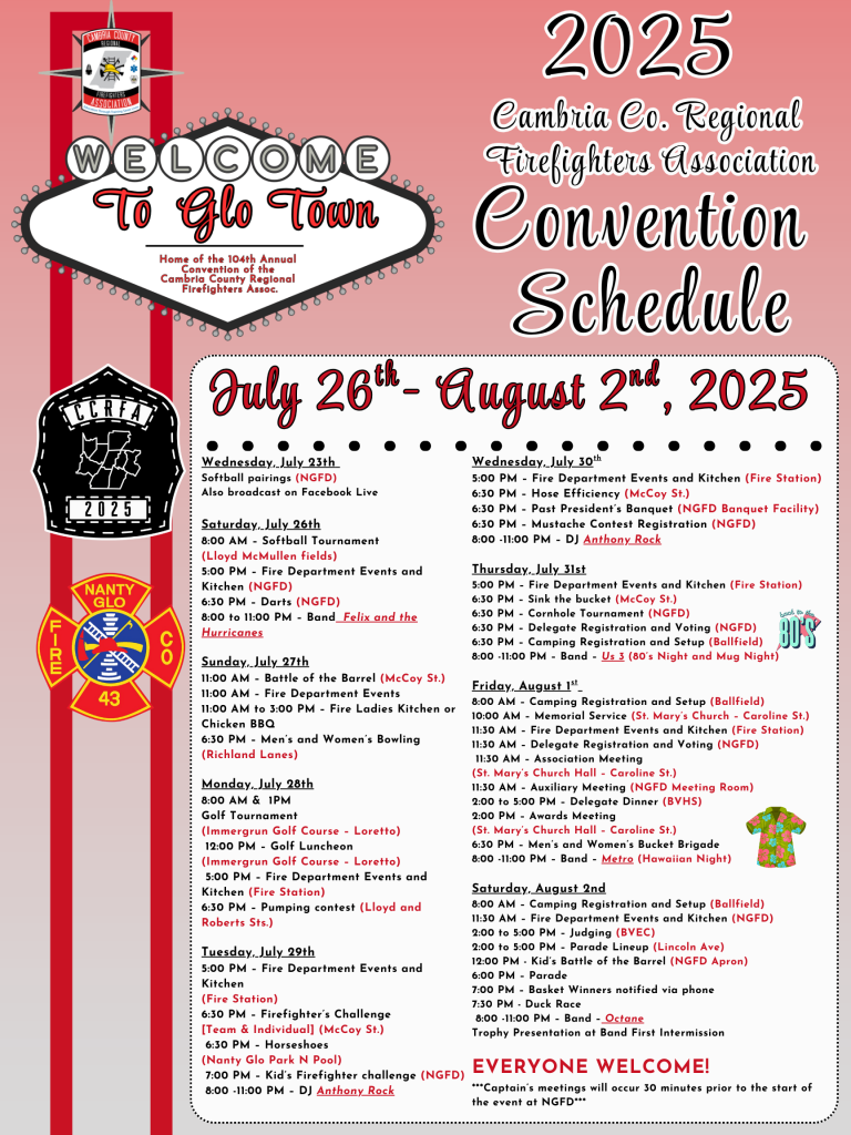 2025 Cambria County Regional Firefighters Association Convention schedule poster for July 26–August 2, listing daily events, fire department logos, and invitation text, with a red and gray themed design.