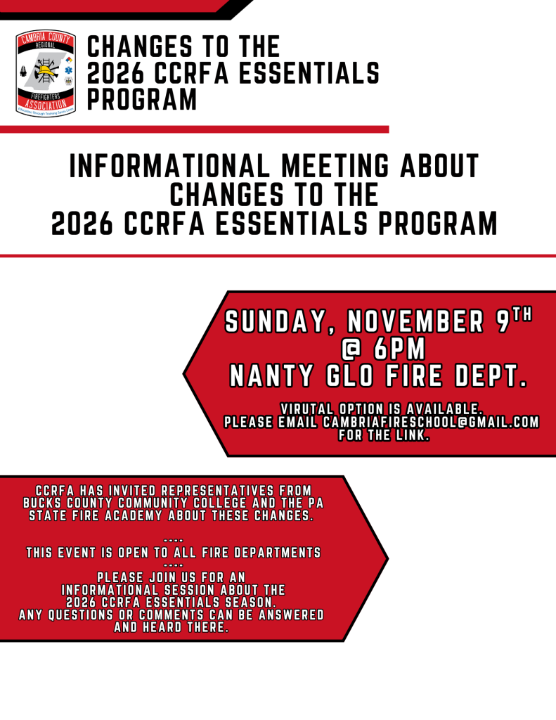 Flyer for an informational meeting about changes to the 2026 CCRFA Essentials Program, held Sunday, November 9th at 6 PM at the Nanty Glo Fire Dept., with virtual option available and event details provided.