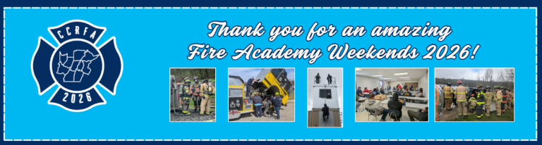 A banner reads “Thank you for an amazing Fire Academy Weekends 2026!” with the CCFRA 2026 logo on the left and five photos of firefighters training and attending classes on the right.