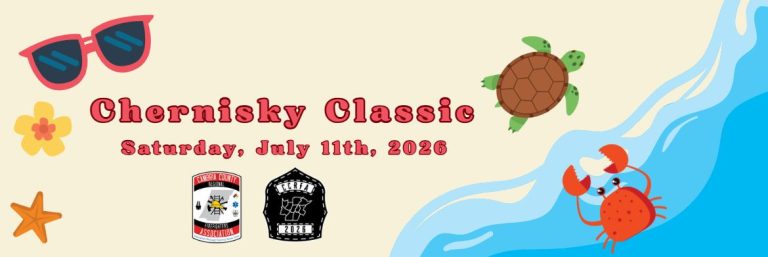 A playful beach-themed banner for the Chernisky Classic event on Saturday, July 11th, 2026, featuring sunglasses, a flower, starfish, turtle, crab, waves, and two event logos.