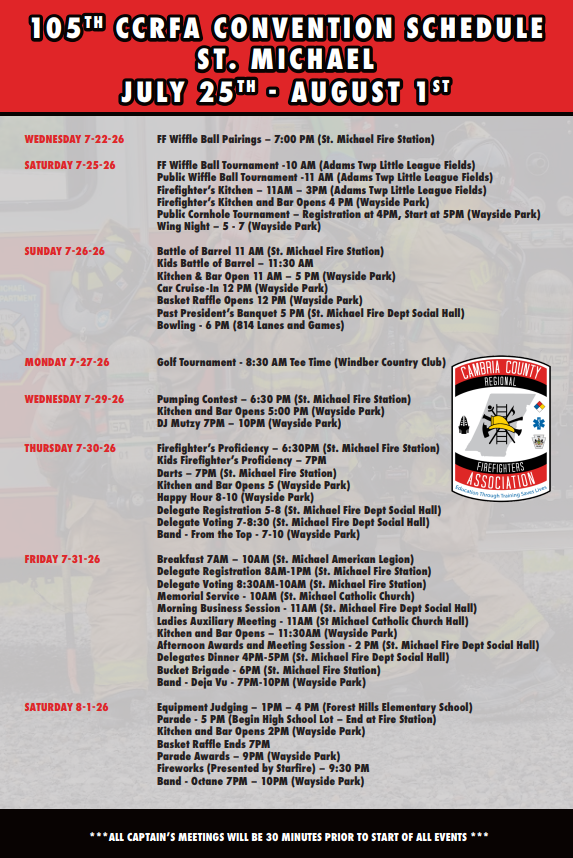Convention schedule poster for the 105th CCRFA at St. Michael, July 25-August 1. Features daily events, times, and locations listed on a red and gray background with CCRFA logo.