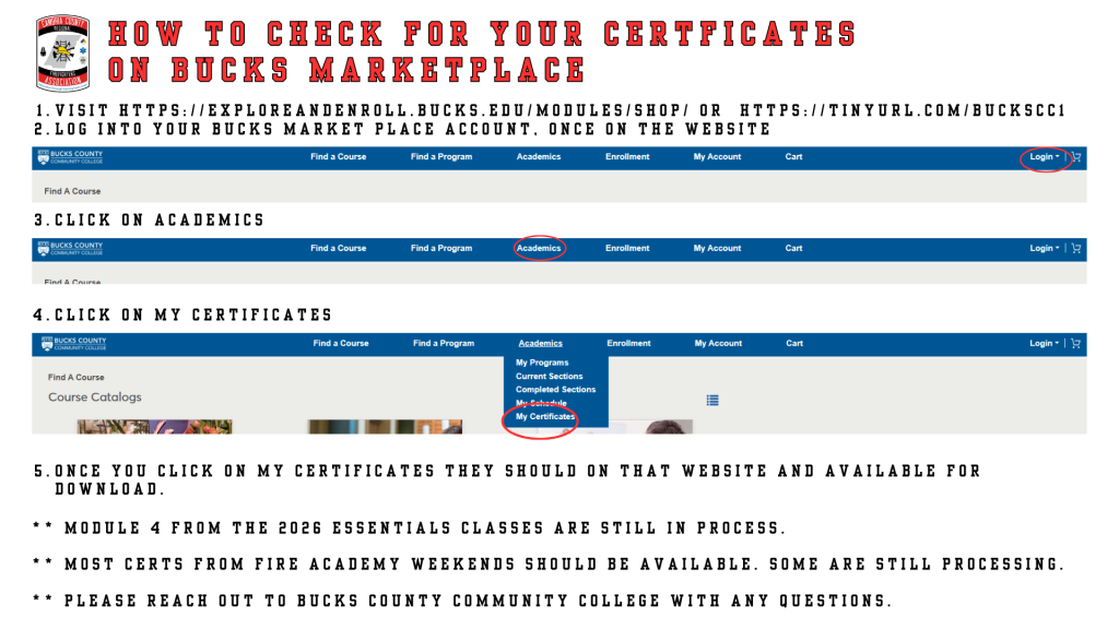 Instructional graphic showing how to check certificates on Bucks Marketplace, with website links and screenshots highlighting steps: log in, click "Academics," select "My Certificates," and notes about certificate availability.